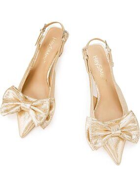 Women’s Gold Bow Pointed Toe Pumps Mid Low Pull-on Slingback Heels